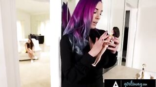 Busty Angela White fucked hard by a stacked witch with colored hair in a steamy Girlsway scene