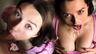 Sloppy blowjob with a cute girl and big natural tits, ending with a cumshot on her tits