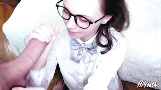 Russian schoolgirl gets cum on her glasses and face