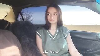 Girl played with a tongue in front of the guy in the car