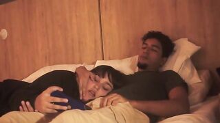 The lazy guy barely moved, but the girl made a deep blowjob