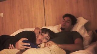 The lazy guy barely moved, but the girl made a deep blowjob
