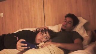 The lazy guy barely moved, but the girl made a deep blowjob