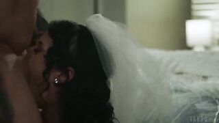 Babe with a tattoo gets fucked on the bed in doggystyle