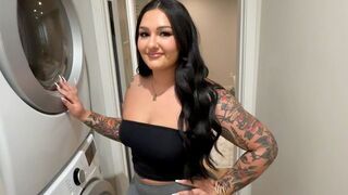 A sexy woman is doing laundry and gets intimate with someone