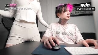 A young girl rubs her pussy on the table and comes