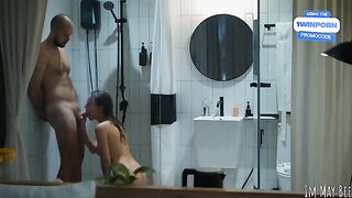 The couple has an intense encounter in a cramped shower stall, but it’s just right for them