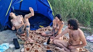 A game and sex in the woods with two stunning girls