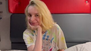 A cute girl got wet between her legs, thinking about a cock, in a steamy train scene