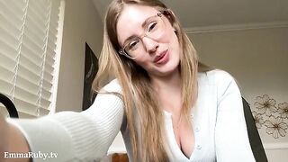 A girl with glasses gently caresses you, making you cum with her lips