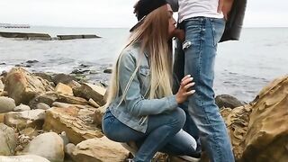 A blondie with pretty eyes has sex on the city streets