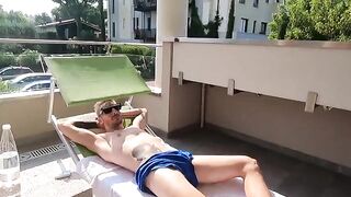 The Italian girl makes blowjob on the balcony of her villa