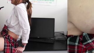School girl caught masturbating, the teacher then fucked her and came inside