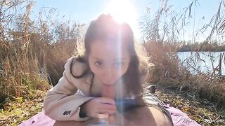 Petite girl Mini Julia has sex with a stranger outdoors near the lake