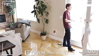 A step sister is caught sneaking into the room for sex in a spy family scenario