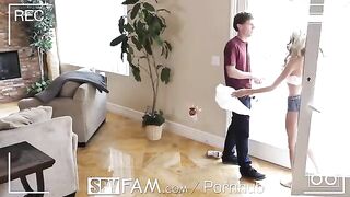 A step sister is caught sneaking into the room for sex in a spy family scenario