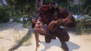 A busty girl is humping two huge cocks of monsters